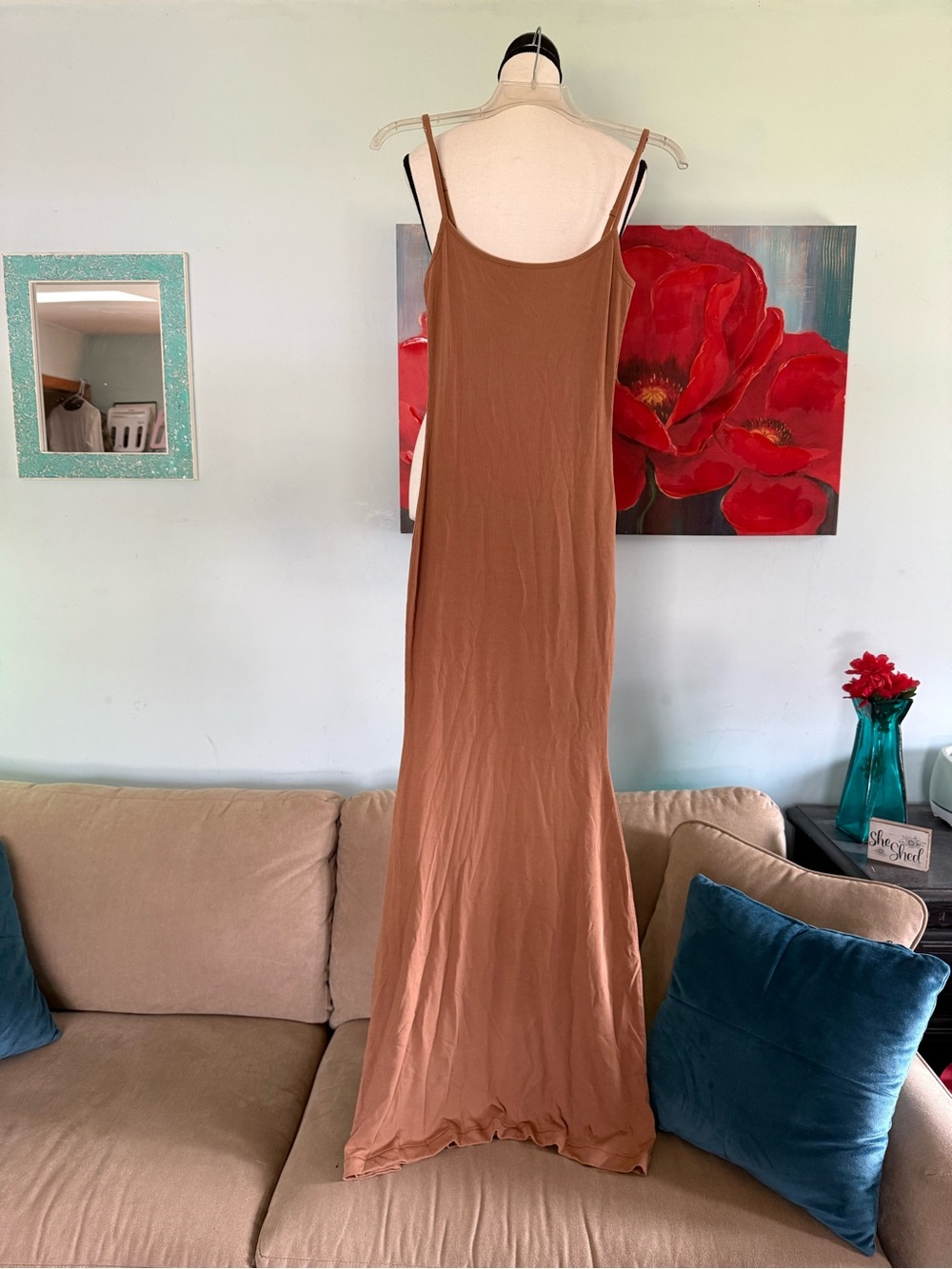 Skims Soft Lounge Slip Dress Womens Size L Large Ribbed Maxi Camel